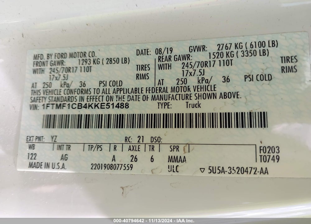 2019 FORD F-150 XL VIN: 1FTMF1CB4KKE51488