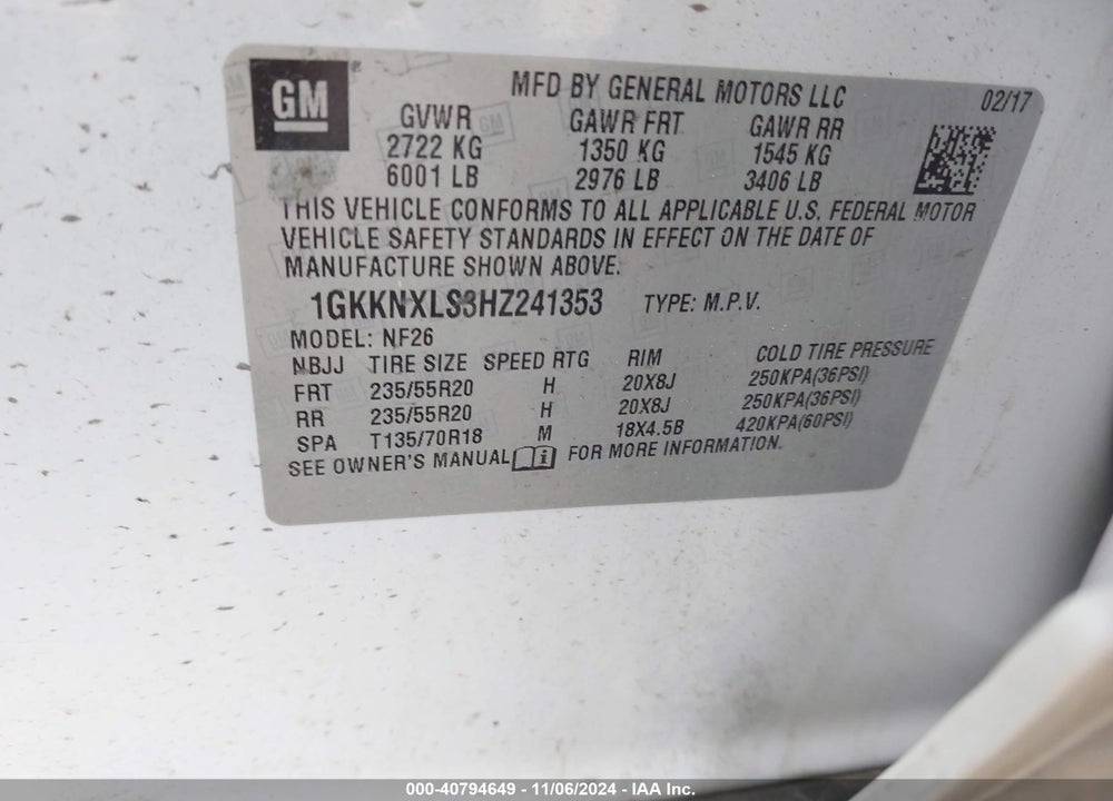 2017 GMC ACADIA DENALI VIN: 1GKKNXLS3HZ241353