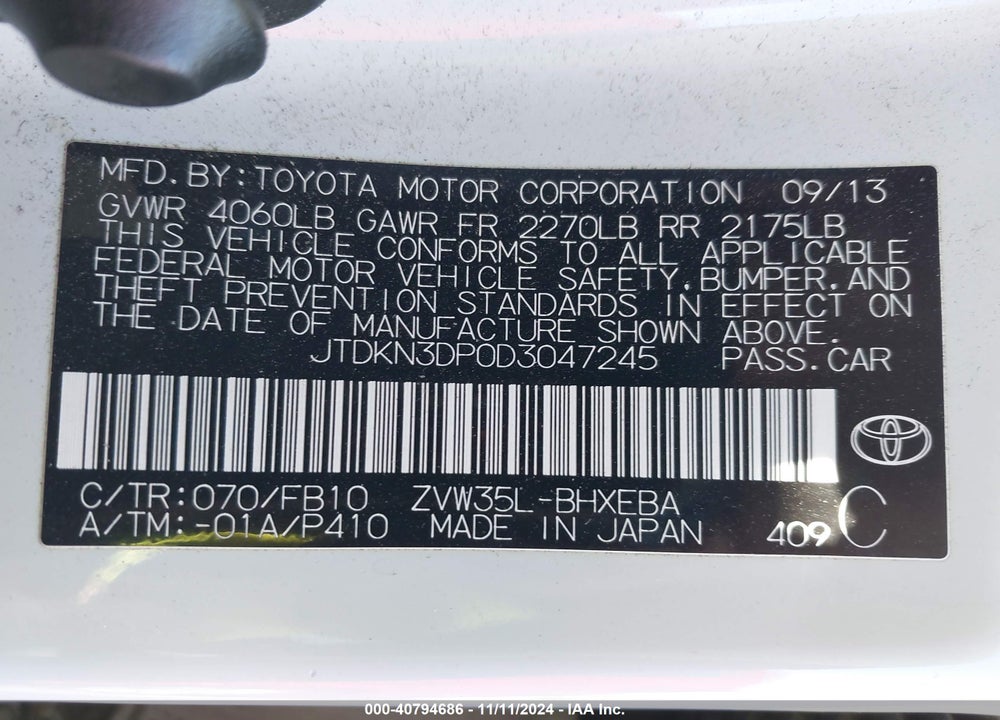 2013 TOYOTA PRIUS PLUG-IN VIN: JTDKN3DP0D3047245