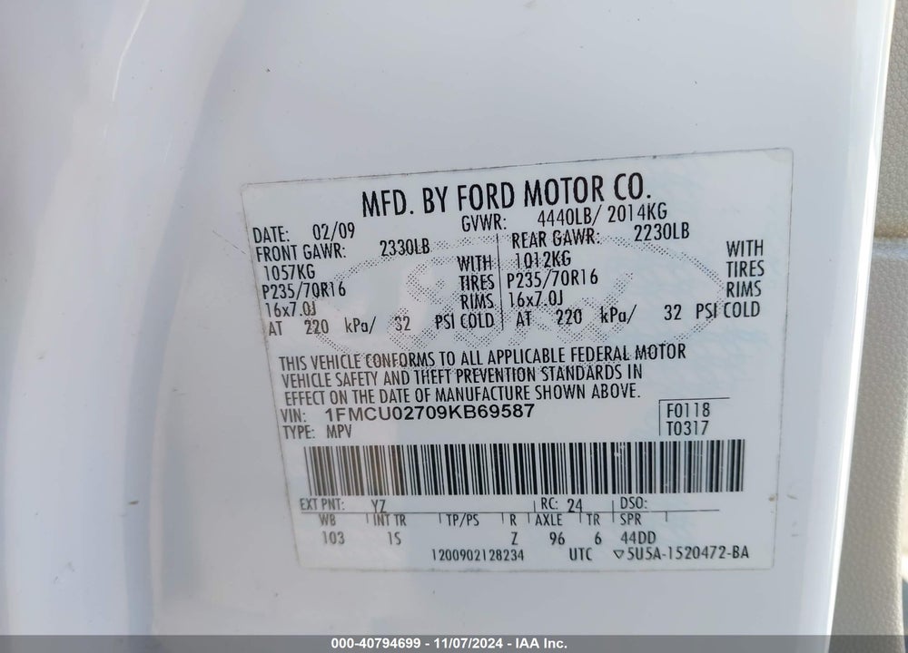 2009 FORD ESCAPE XLS VIN: 1FMCU02709KB69587