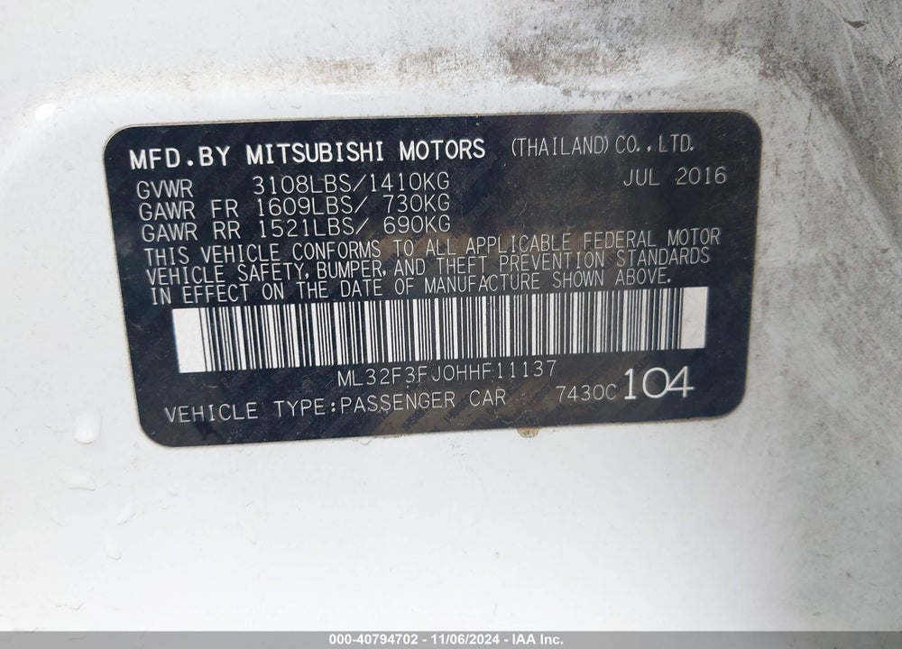 2017 MITSUBISHI MIRAGE G4 ES VIN: ML32F3FJ0HHF11137