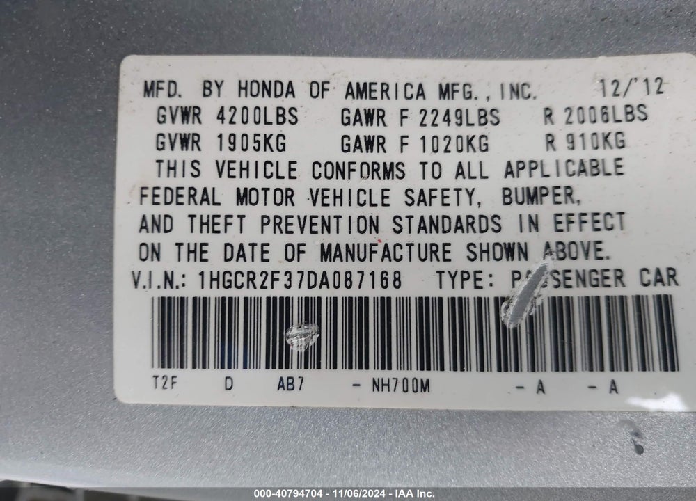 2013 HONDA ACCORD LX VIN: 1HGCR2F37DA087168
