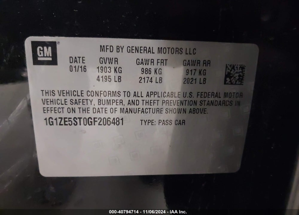 2016 CHEVROLET MALIBU 1LT VIN: 1G1ZE5ST0GF206481