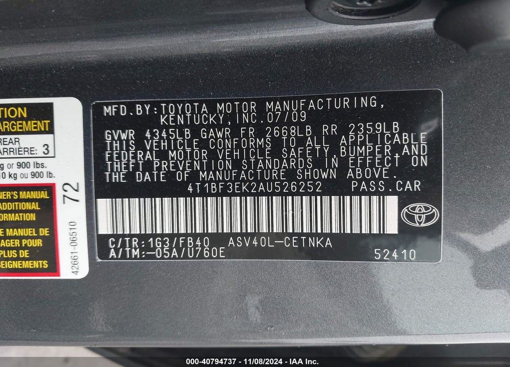 2010 TOYOTA CAMRY LE VIN: 4T1BF3EK2AU526252