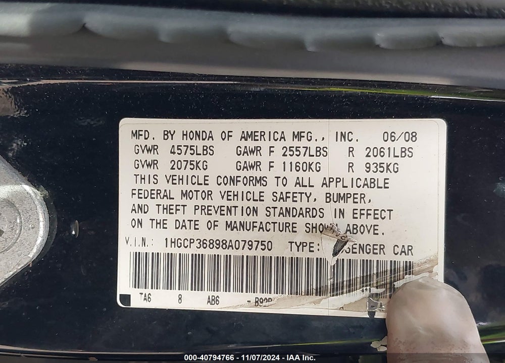 2008 HONDA ACCORD 3.5 EX-L VIN: 1HGCP36898A079750