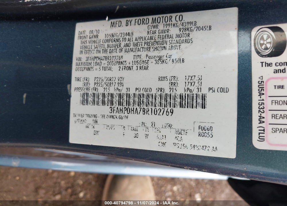 2011 FORD FUSION SE VIN: 3FAHP0HA7BR102769