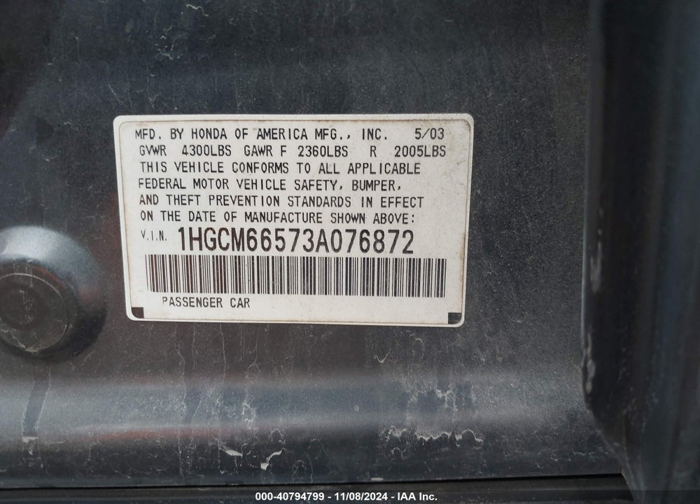 2003 HONDA ACCORD 3.0 EX VIN: 1HGCM66573A076872