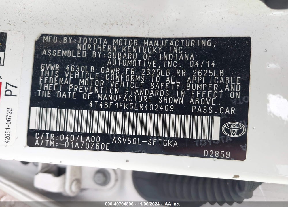 2014 TOYOTA CAMRY XLE VIN: 4T4BF1FK5ER402409