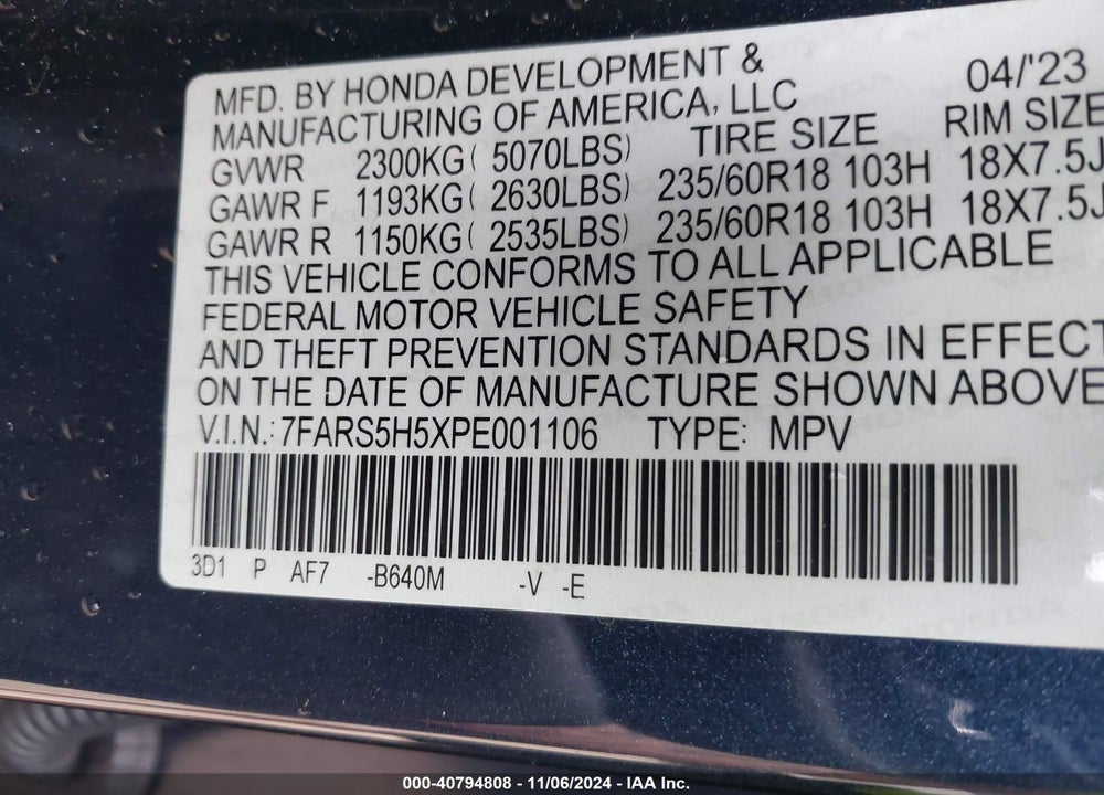 2023 HONDA CR-V HYBRID SPORT VIN: 7FARS5H5XPE001106