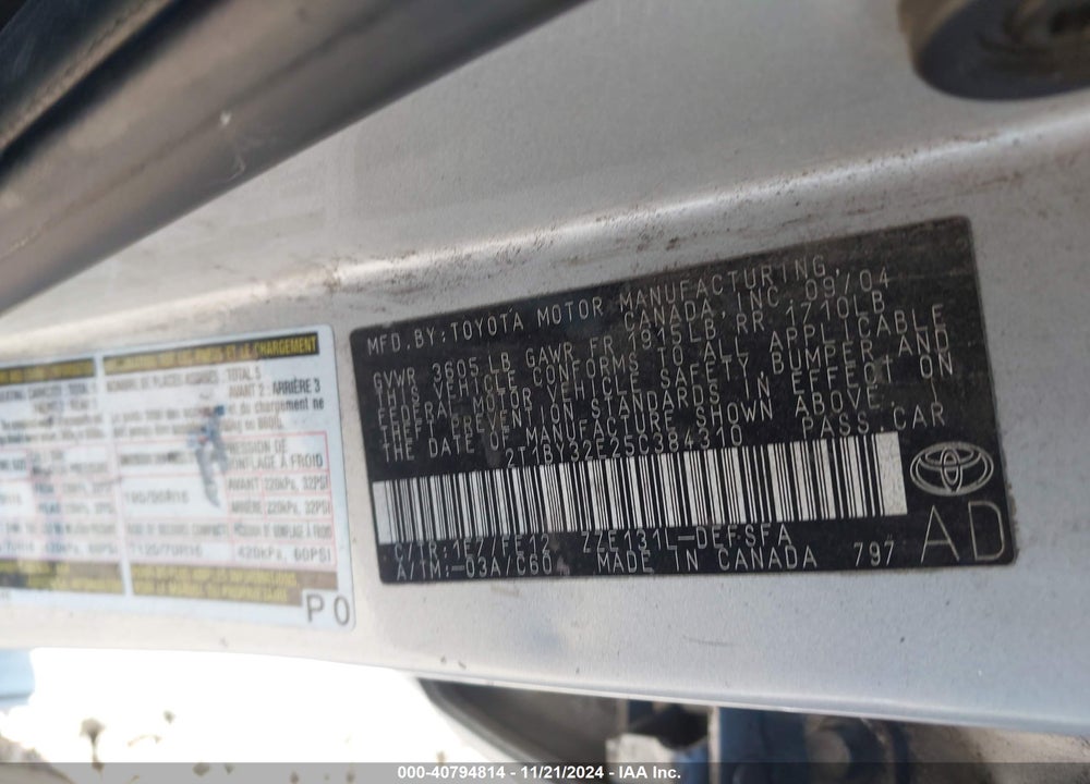 2005 TOYOTA COROLLA XRS VIN: 2T1BY32E25C384310