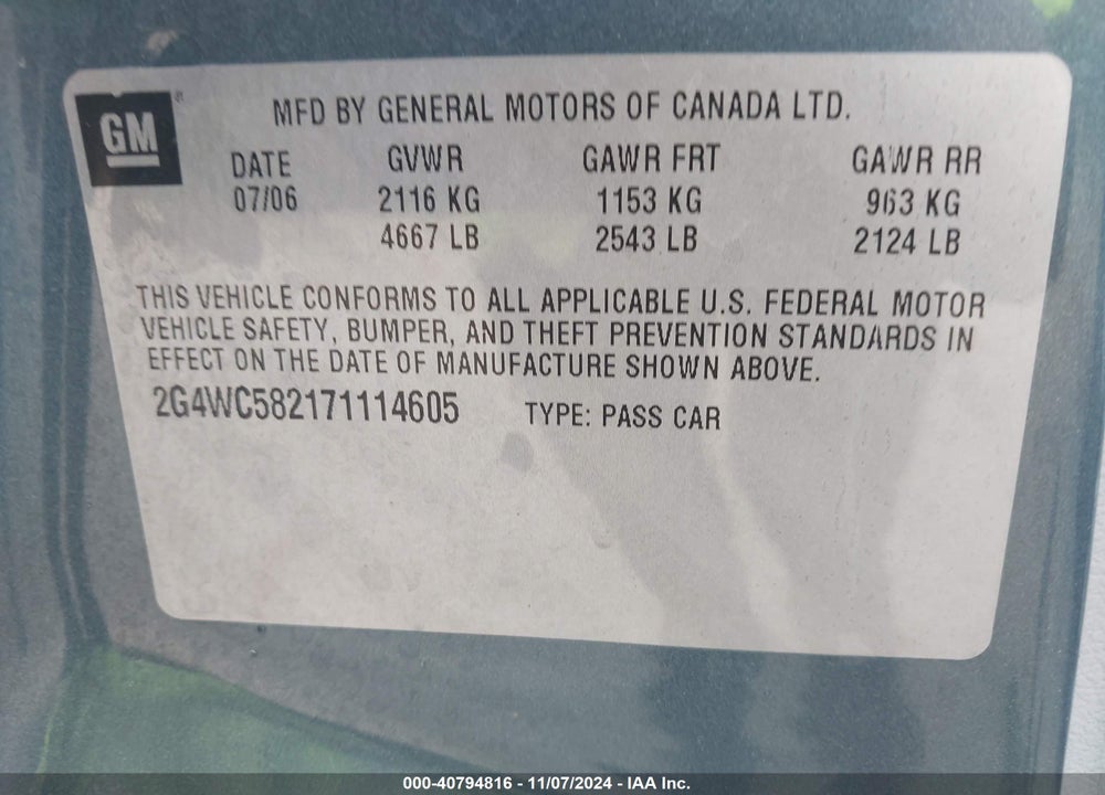 2007 BUICK LACROSSE VIN: 2G4WC582171114605
