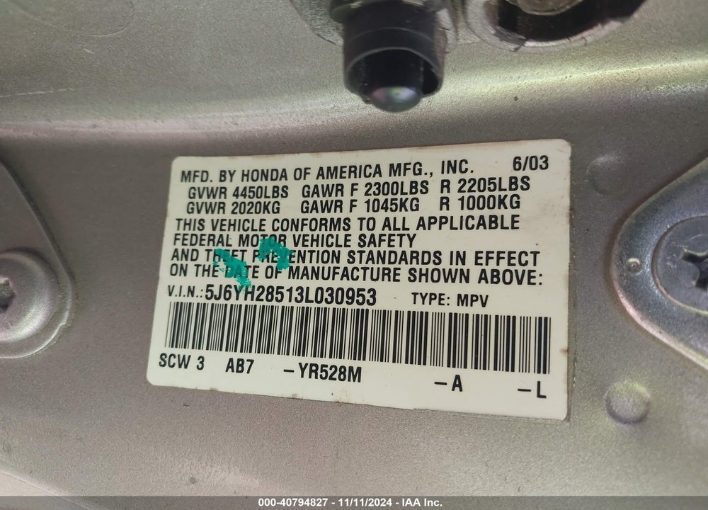 2003 HONDA ELEMENT EX VIN: 5J6YH28513L030953