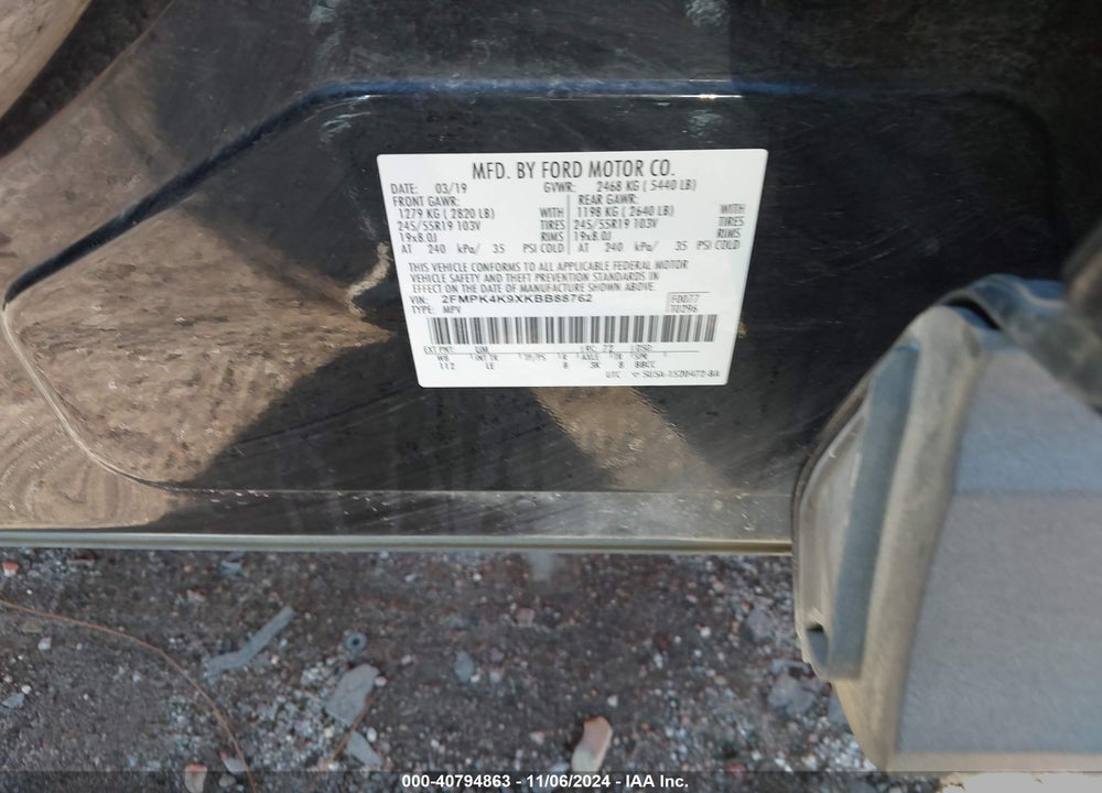 2019 FORD EDGE TITANIUM VIN: 2FMPK4K9XKBB88762