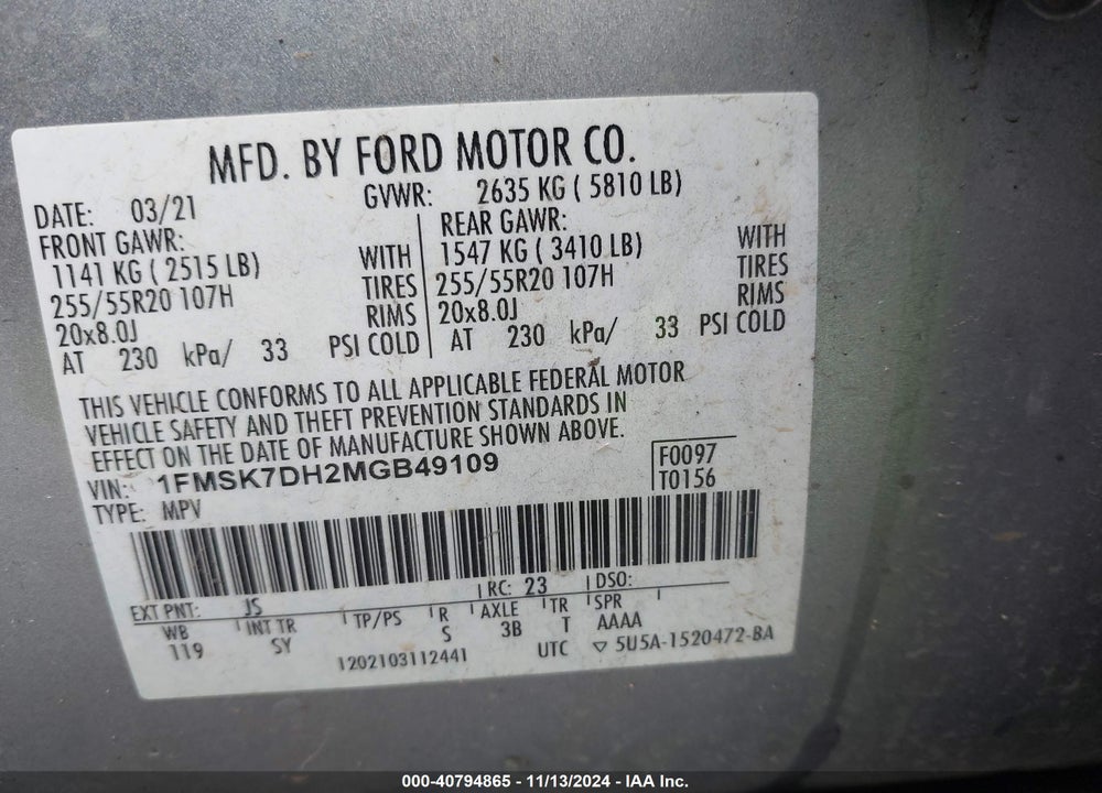 2021 FORD EXPLORER XLT VIN: 1FMSK7DH2MGB49109