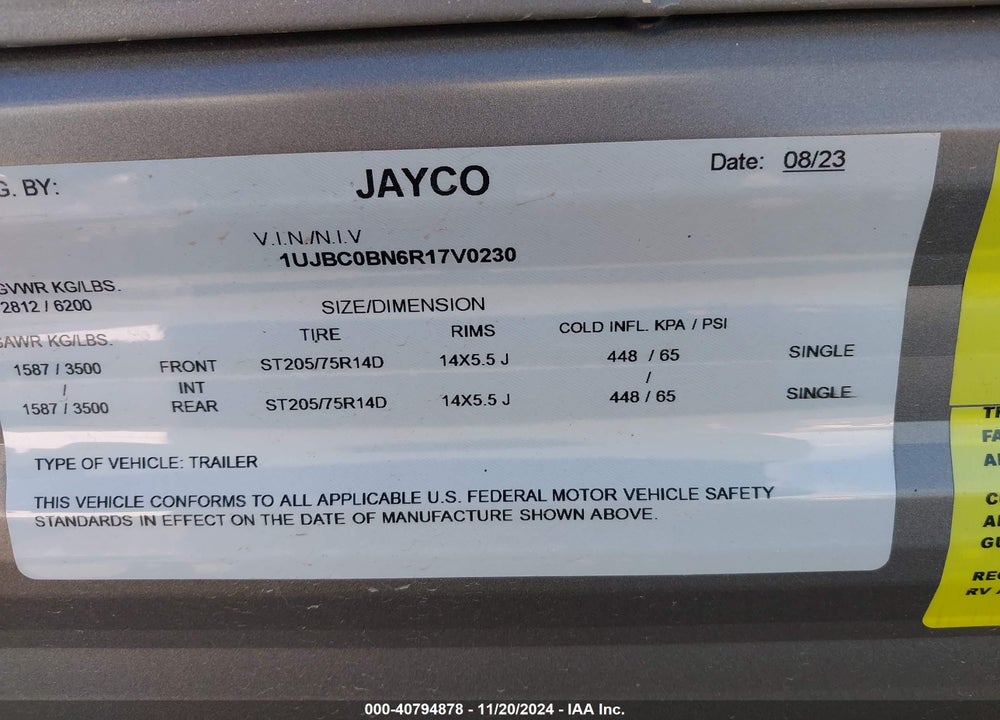 2024 JAYCO JAY FLIGHT VIN: 1UJBC0BN6R17V0230