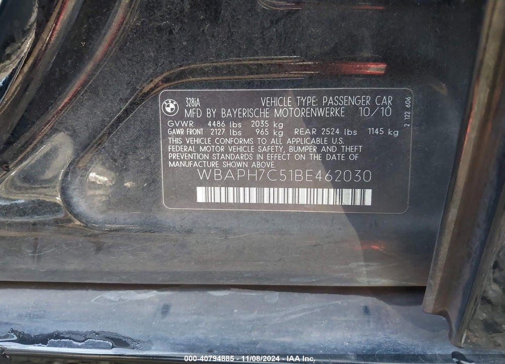 2011 BMW 328I VIN: WBAPH7C51BE462030