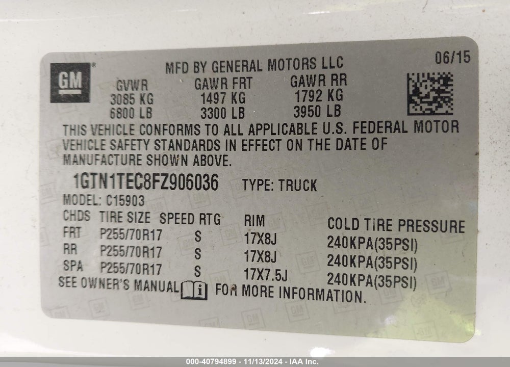 2015 GMC SIERRA 1500 VIN: 1GTN1TEC8FZ906036