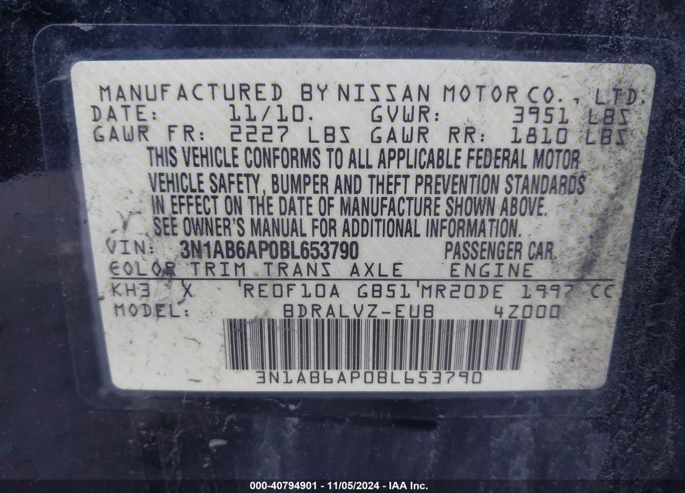 2011 NISSAN SENTRA 2.0SL VIN: 3N1AB6AP0BL653790