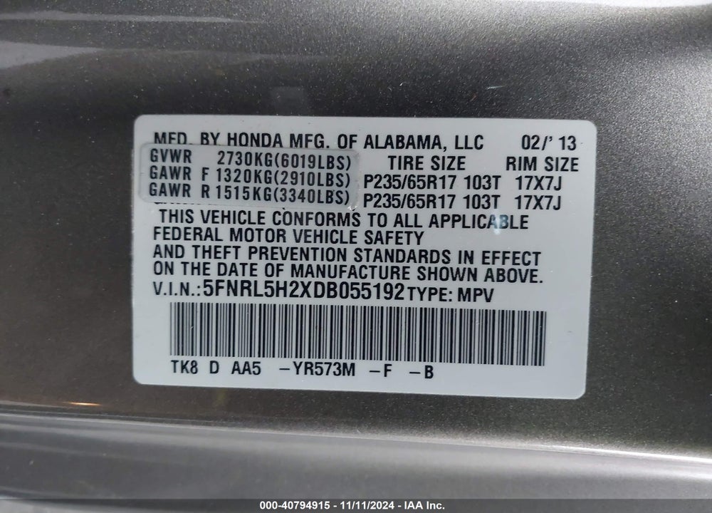 2013 HONDA ODYSSEY LX VIN: 5FNRL5H2XDB055192