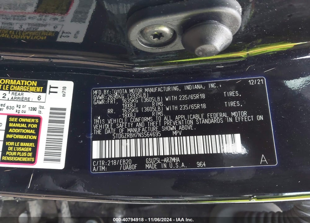 2022 TOYOTA HIGHLANDER VIN: 5TDGZRBH7NS564695