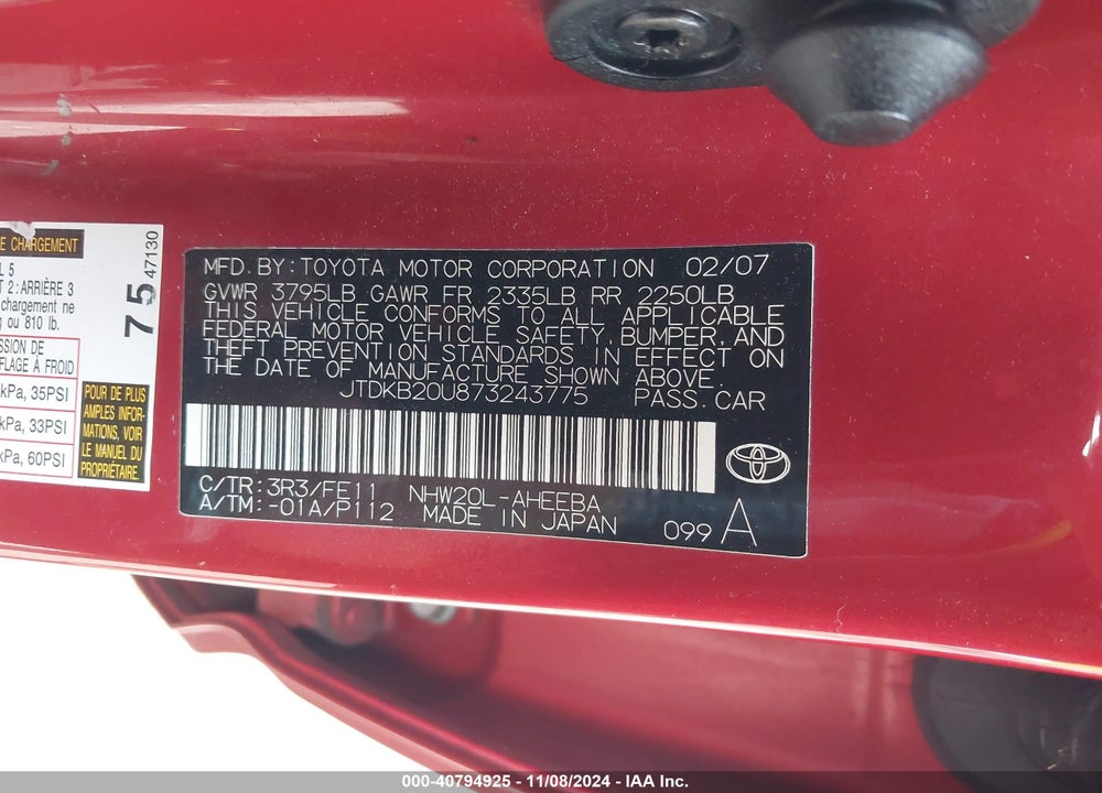 2007 TOYOTA PRIUS VIN: JTDKB20U873243775