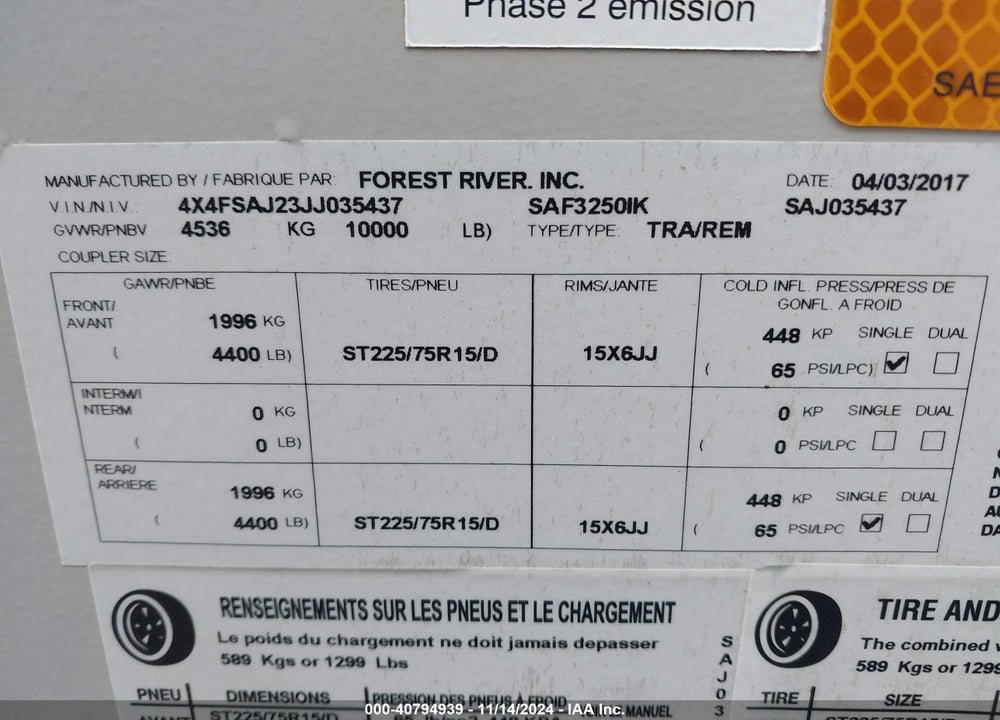 2018 FOREST RIVER TRAVEL TRLR VIN: 4X4FSAJ23JJ035437