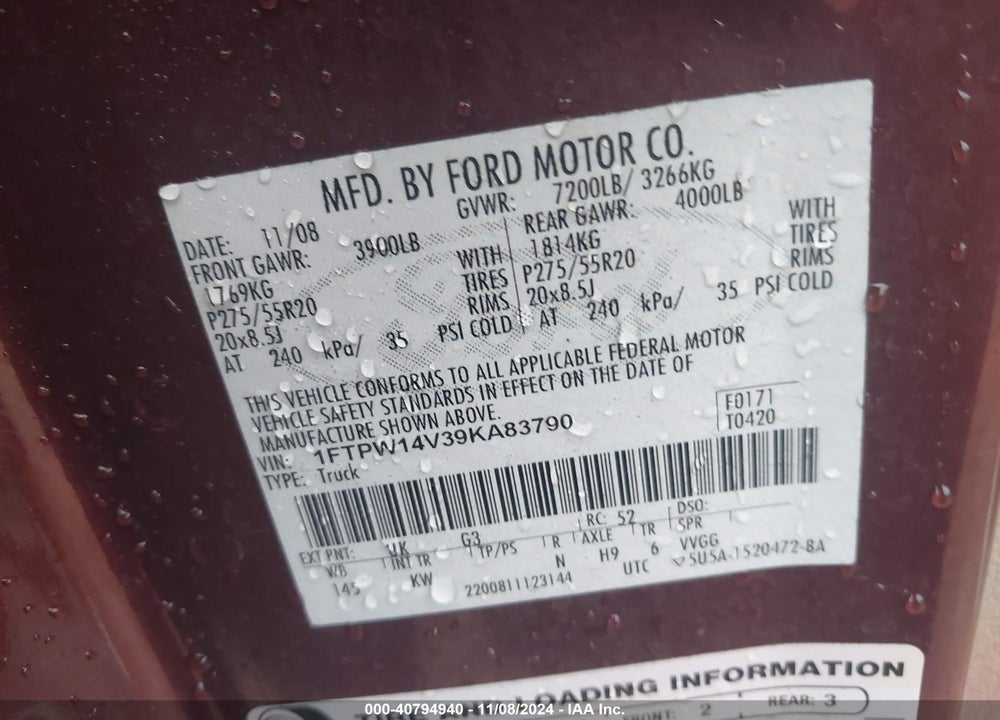 2009 FORD F-150 FX4/KING RANCH/LARIAT/PLATINUM/XL/XLT VIN: 1FTPW14V39KA83790