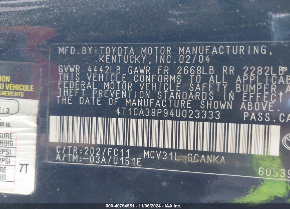 2004 TOYOTA CAMRY SOLARA SE SPORT V6 VIN: 4T1CA38P94U023333