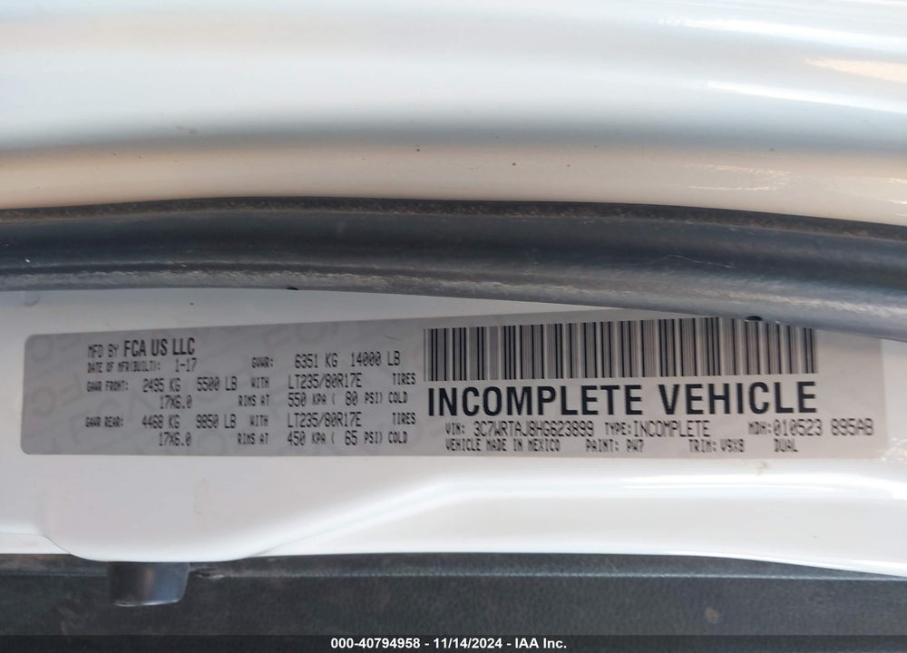 2017 RAM 3500 CHASSIS TRADESMAN/SLT VIN: 3C7WRTAJ8HG623899