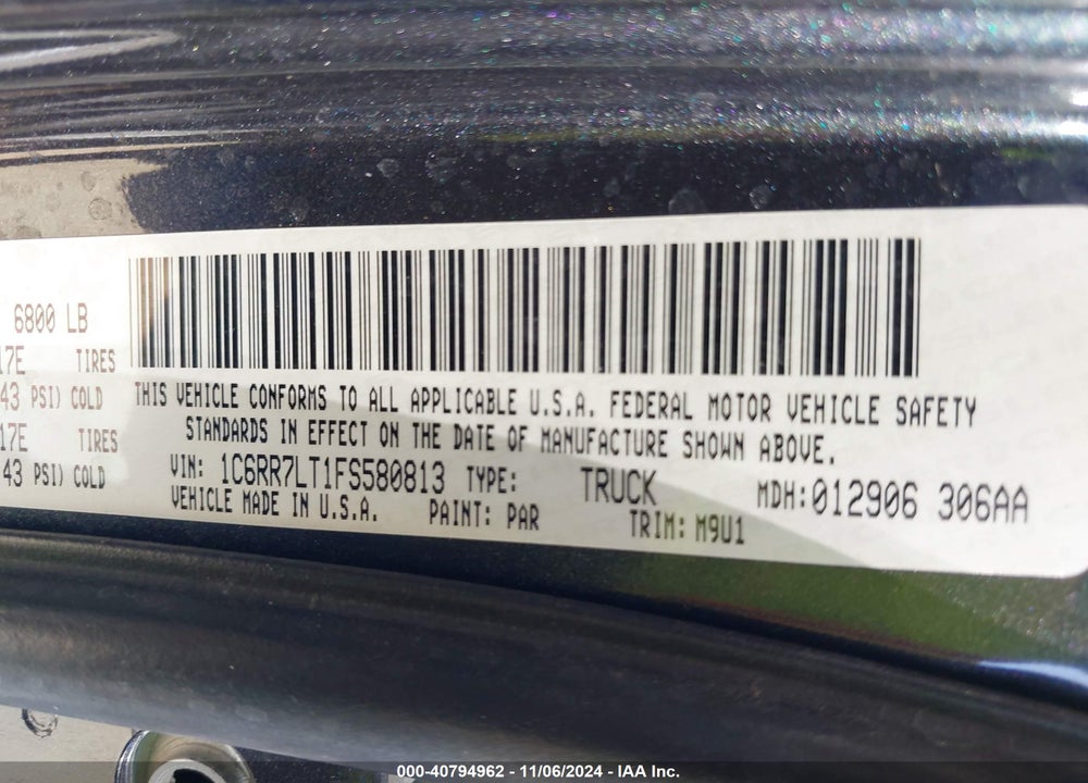 2015 RAM 1500 OUTDOORSMAN VIN: 1C6RR7LT1FS580813