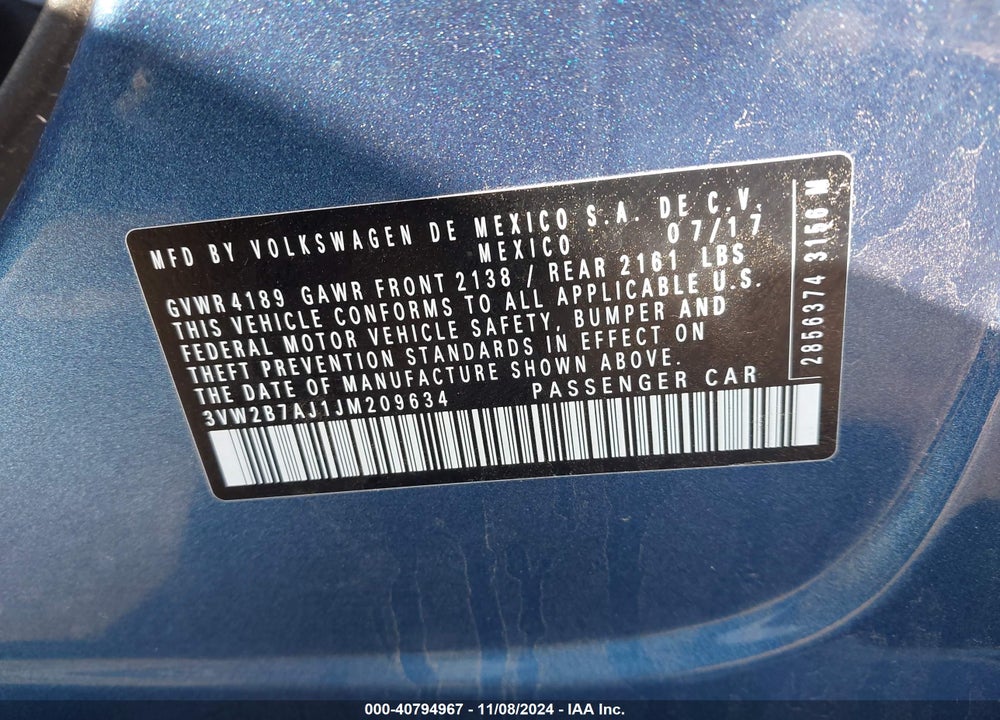 2018 VOLKSWAGEN JETTA 1.4T S VIN: 3VW2B7AJ1JM209634