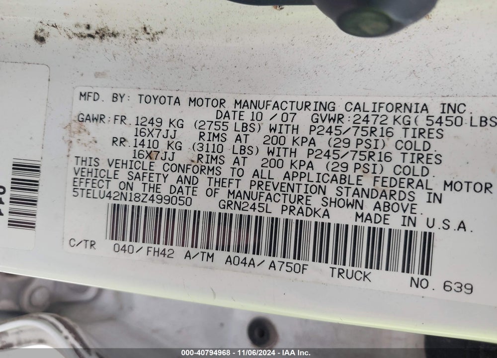 2008 TOYOTA TACOMA BASE V6 VIN: 5TELU42N18Z499050