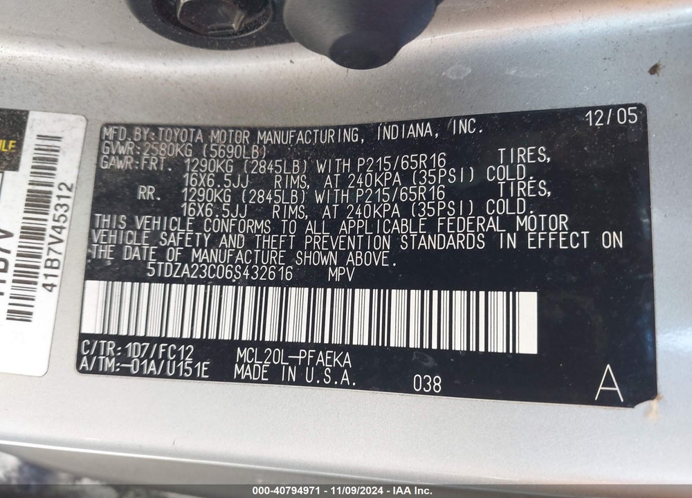 2006 TOYOTA SIENNA LE VIN: 5TDZA23C06S432616