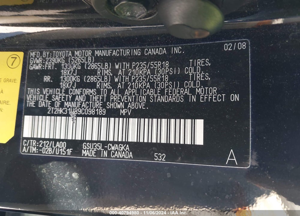 2009 LEXUS RX 350 VIN: 2T2HK31U89C098189