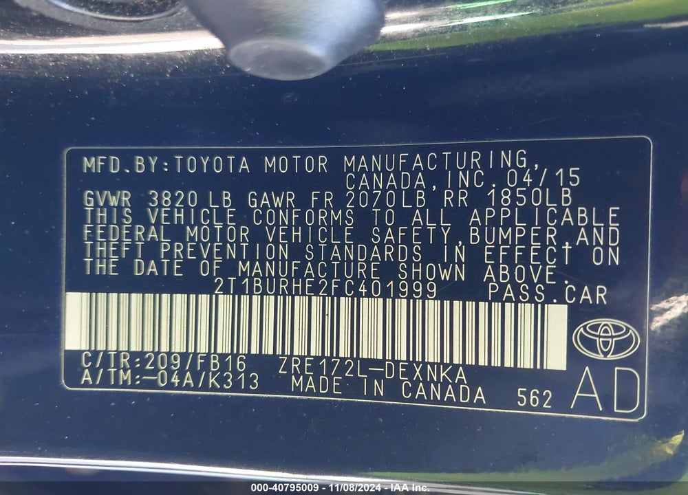 2015 TOYOTA COROLLA LE VIN: 2T1BURHE2FC401999