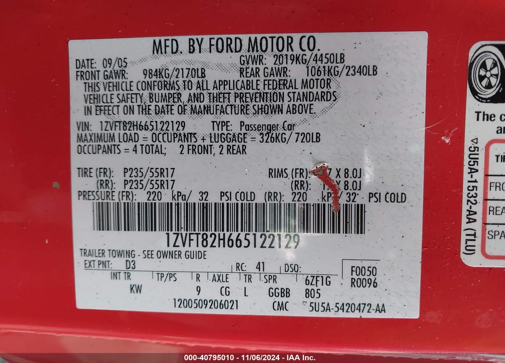 2006 FORD MUSTANG GT VIN: 1ZVFT82H665122129