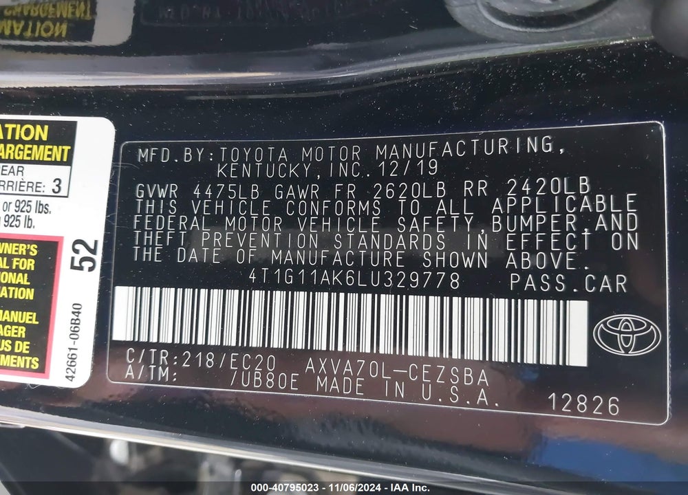 2020 TOYOTA CAMRY SE NIGHTSHADE EDITION VIN: 4T1G11AK6LU329778
