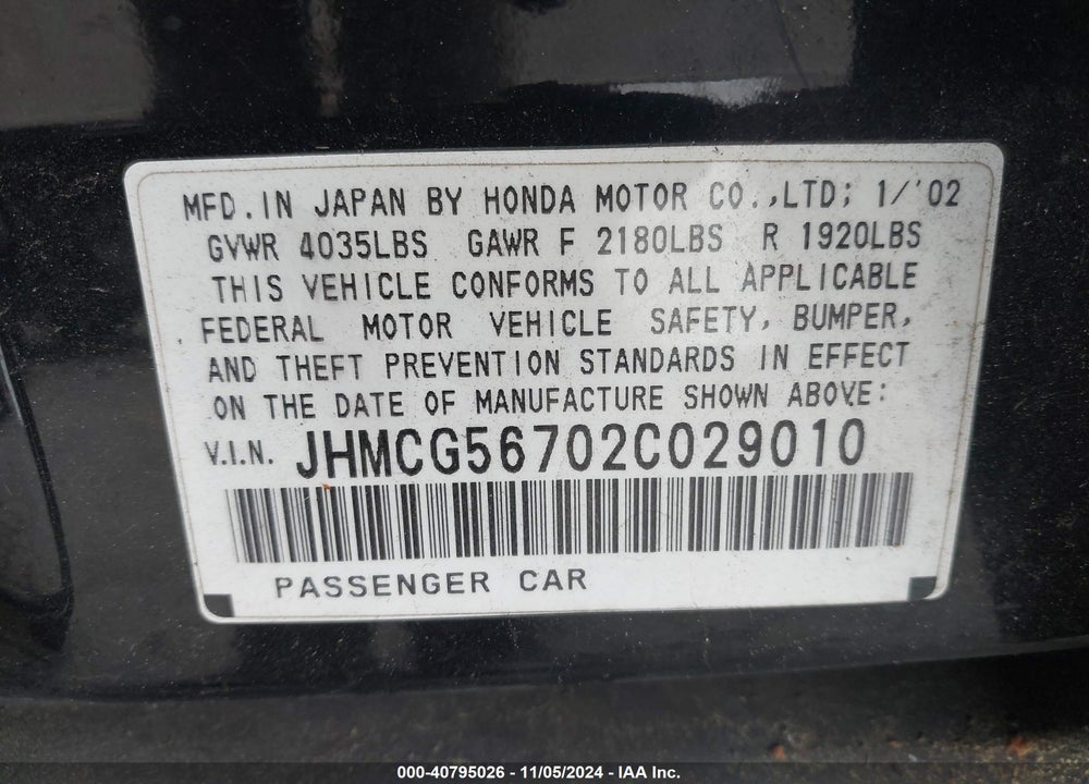 2002 HONDA ACCORD 2.3 SE VIN: JHMCG56702C029010