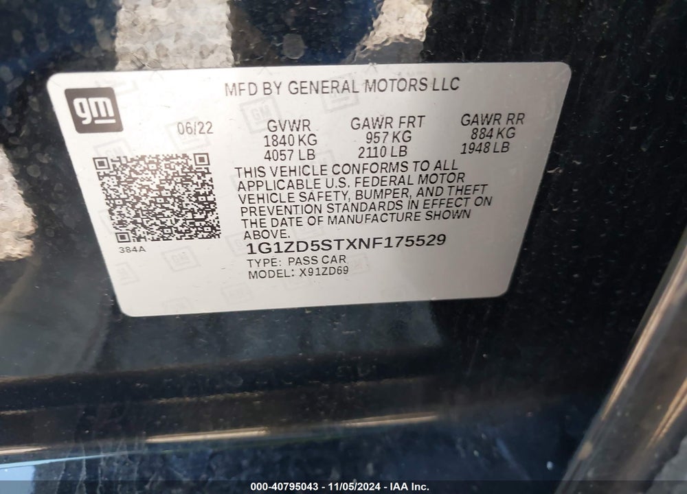 2022 CHEVROLET MALIBU FWD LT VIN: 1G1ZD5STXNF175529