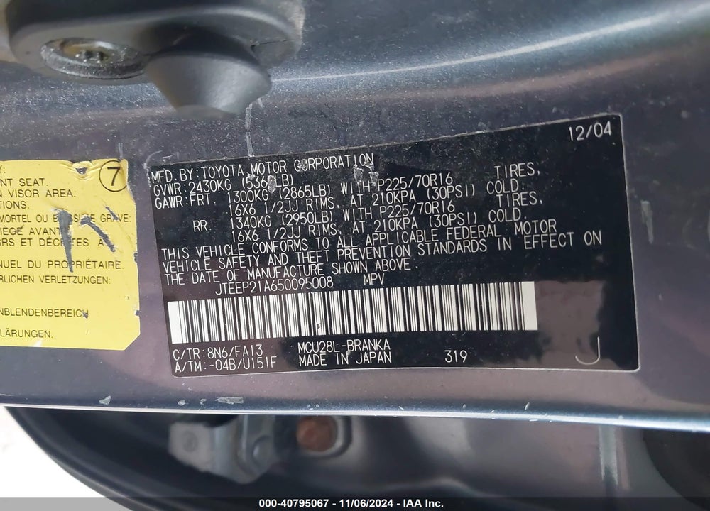 2005 TOYOTA HIGHLANDER V6 VIN: JTEEP21A650095008