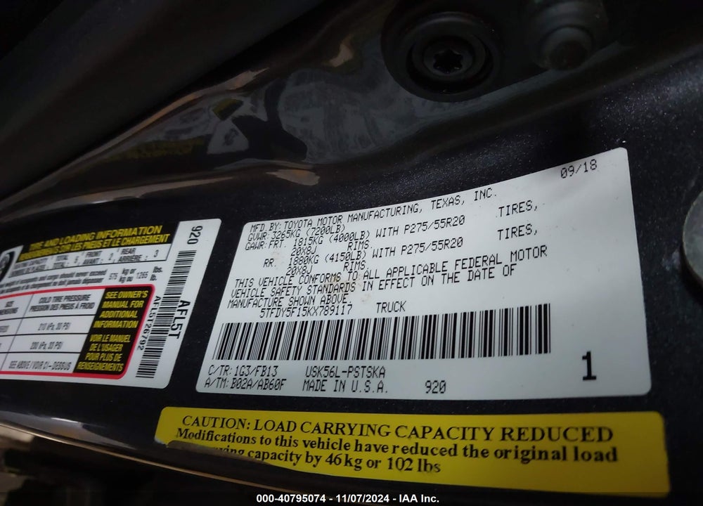 2019 TOYOTA TUNDRA VIN: 5TFDY5F15KX789117