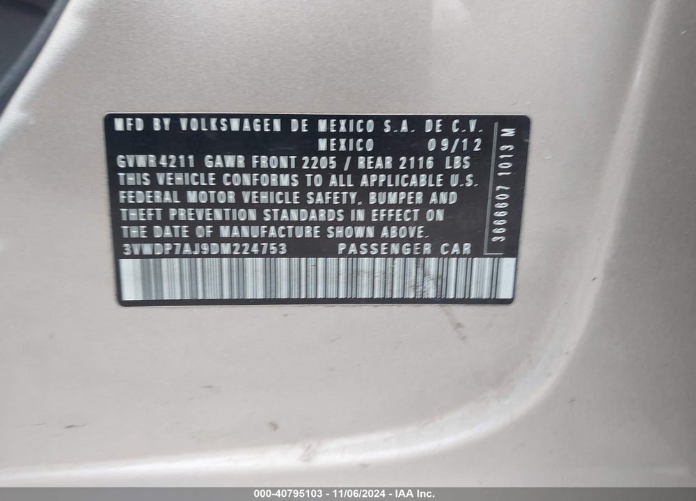 2013 VOLKSWAGEN JETTA SE VIN: 3VWDP7AJ9DM224753