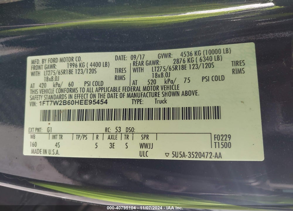 2017 FORD F250 VIN: 1FT7W2B60HEE95454