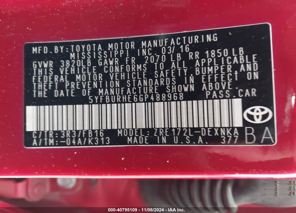 2016 TOYOTA COROLLA LE VIN: 5YFBURHE6GP488968