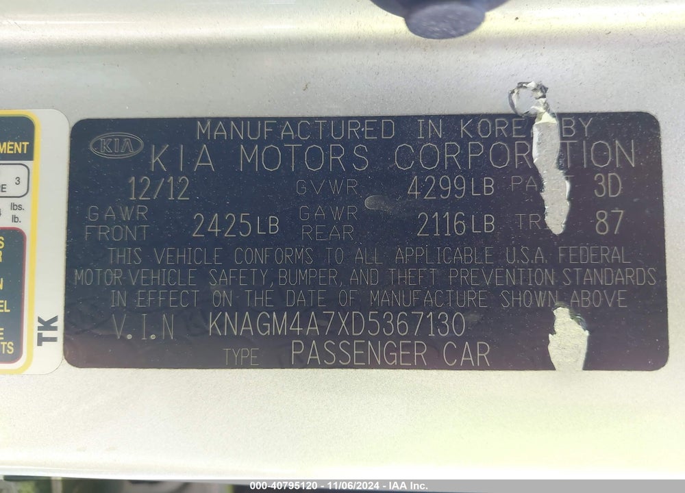 2013 KIA OPTIMA LX VIN: KNAGM4A7XD5367130