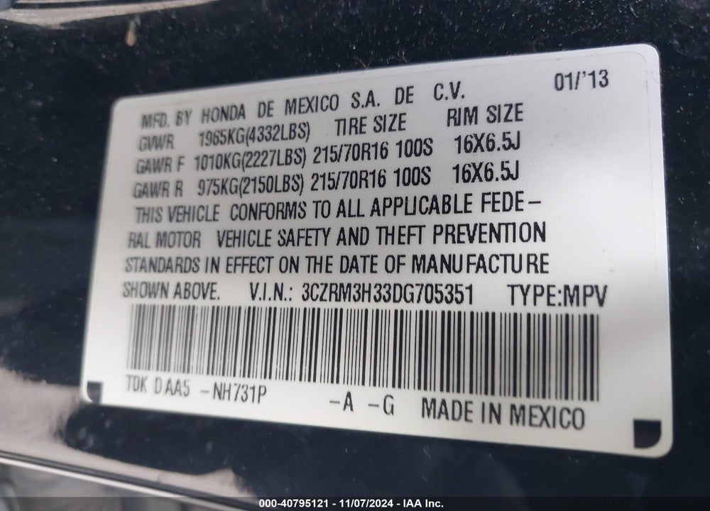 2013 HONDA CR-V LX VIN: 3CZRM3H33DG705351