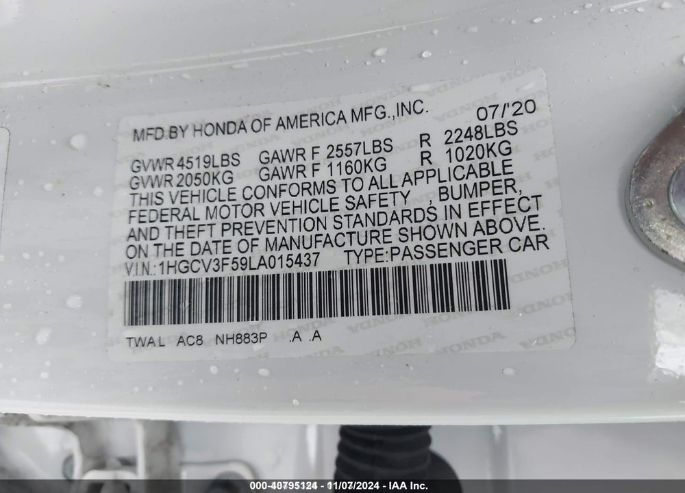 2020 HONDA ACCORD HYBRID EX-L VIN: 1HGCV3F59LA015437