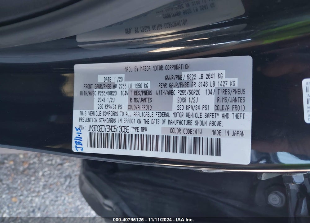 2021 MAZDA CX-9 GRAND TOURING VIN: JM3TCBDY6M0513069