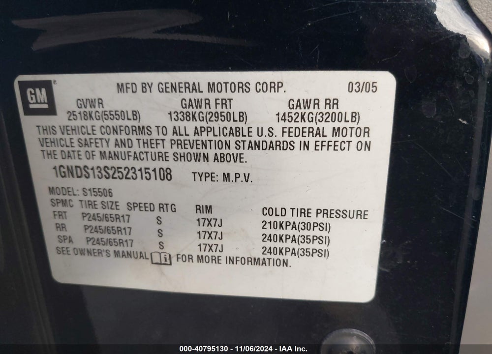 2005 CHEVROLET TRAILBLAZER LS VIN: 1GNDS13S252315108