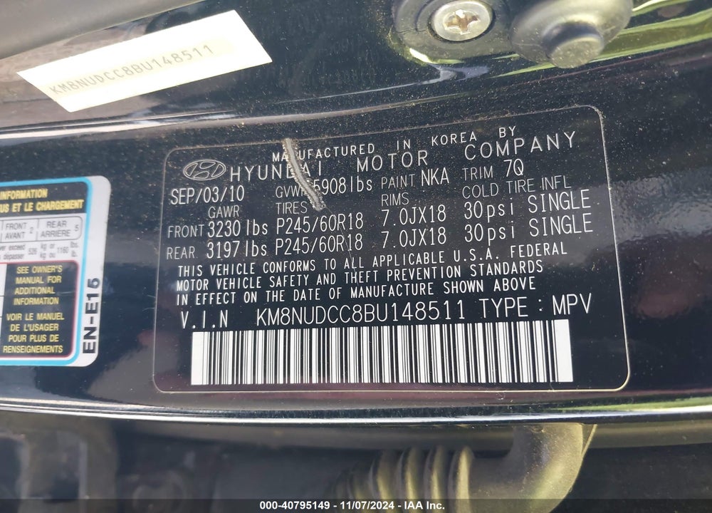 2011 HYUNDAI VERACRUZ LIMITED VIN: KM8NUDCC8BU148511